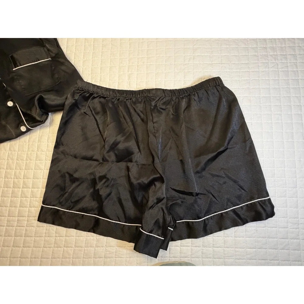 Ekouaer Womens Satin Pajama Set Black Short Sleeve Button Down Shorts Large
